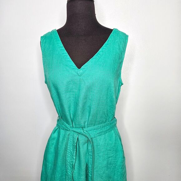 NICOLE MILLER 100% Linen Dress 6 Kelly Green Pockets V Neck Sleeveless Belted - Picture 2 of 8
